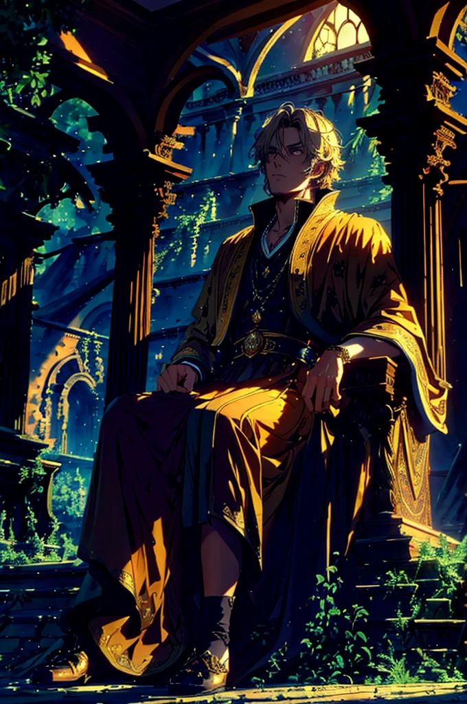 A golden-haired, short hair, prince sits on a majestic throne inside a majestic palace with crown. The environment around him is majestic and next to him stands an ancient looking clock. The throne is ornate, with details in gold and precious stones, and is covered by a silver cloth. The protagonist is wearing royal clothing, with a determined expression on his face, as he stares at the horizon with glowing and piercing golden eyes, masterpiece, best quality, ultra-detailed, illustration, 8k resolution concept art, fantasy art, epic art, concept art wallpaper 4k, deep color, natural lighting. adult, handsome, tall guy, broad shoulders.