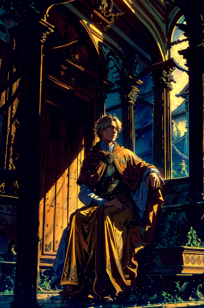 A golden-haired, short hair, prince sits on a majestic throne inside a majestic palace with crown. The environment around him is majestic and next to him stands an ancient looking clock. The throne is ornate, with details in gold and precious stones, and is covered by a silver cloth. The protagonist is wearing royal clothing, with a determined expression on his face, as he stares at the horizon with glowing and piercing golden eyes, masterpiece, best quality, ultra-detailed, illustration, 8k resolution concept art, fantasy art, epic art, concept art wallpaper 4k, deep color, natural lighting. adult, handsome, tall guy, broad shoulders.