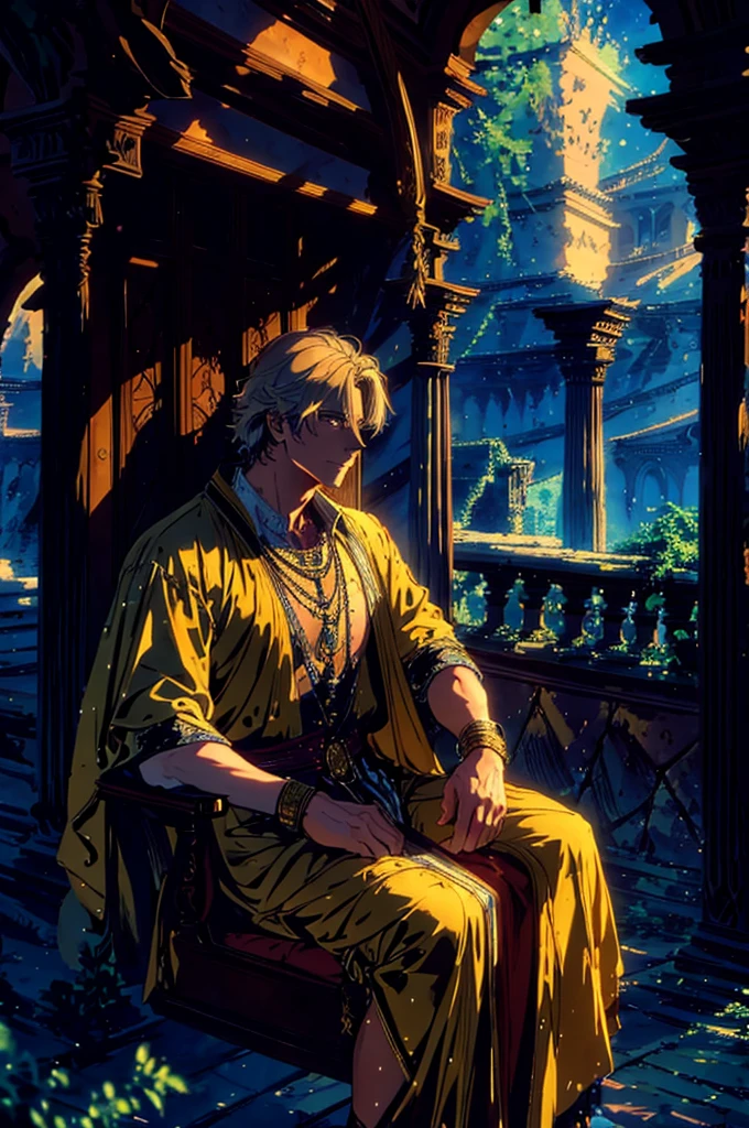 A golden-haired, short hair, prince sits on a majestic throne inside a majestic palace with crown. The environment around him is majestic and next to him stands an ancient looking clock. The throne is ornate, with details in gold and precious stones, and is covered by a silver cloth. The protagonist is wearing royal clothing, with a determined expression on his face, as he stares at the horizon with glowing and piercing golden eyes, masterpiece, best quality, ultra-detailed, illustration, 8k resolution concept art, fantasy art, epic art, concept art wallpaper 4k, deep color, natural lighting. adult, handsome, tall guy, broad shoulders.