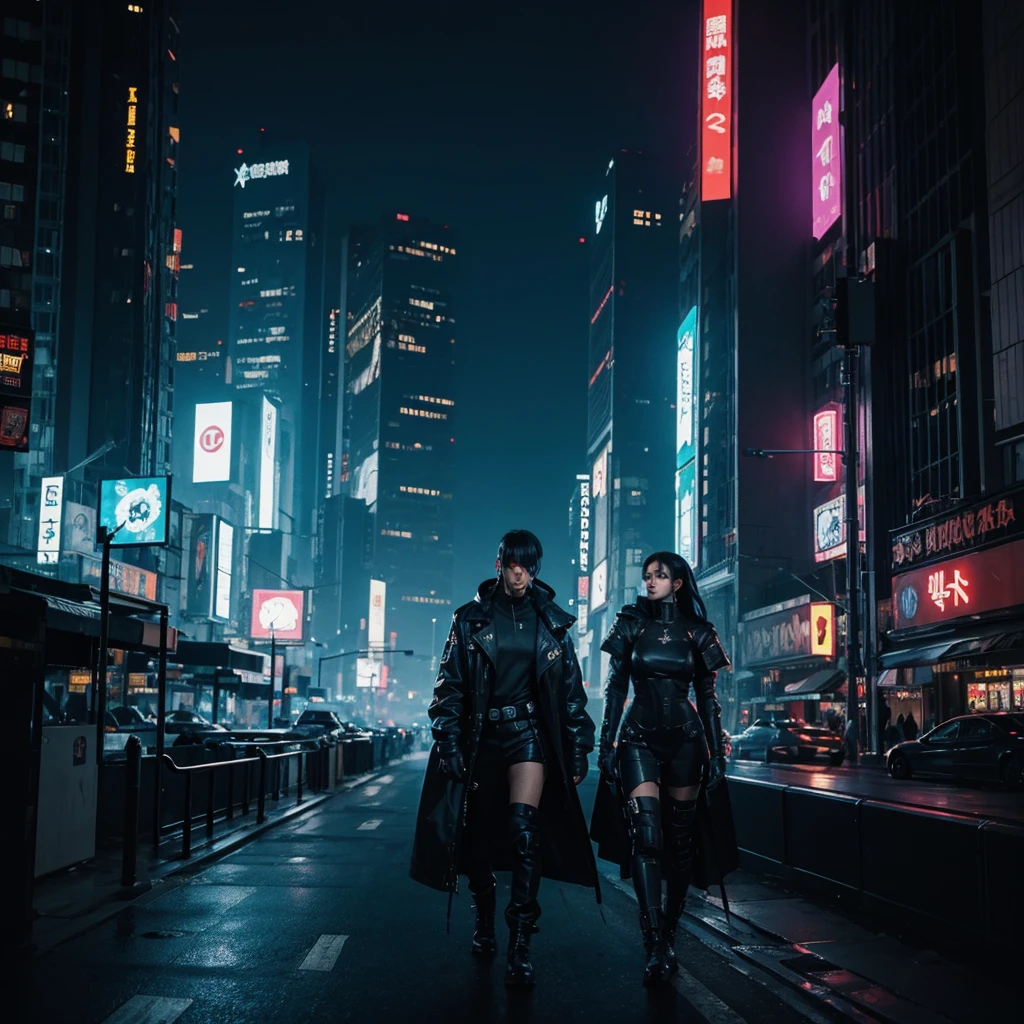 (Best Quality) cyberpunk person in futuristic city with dark color palette