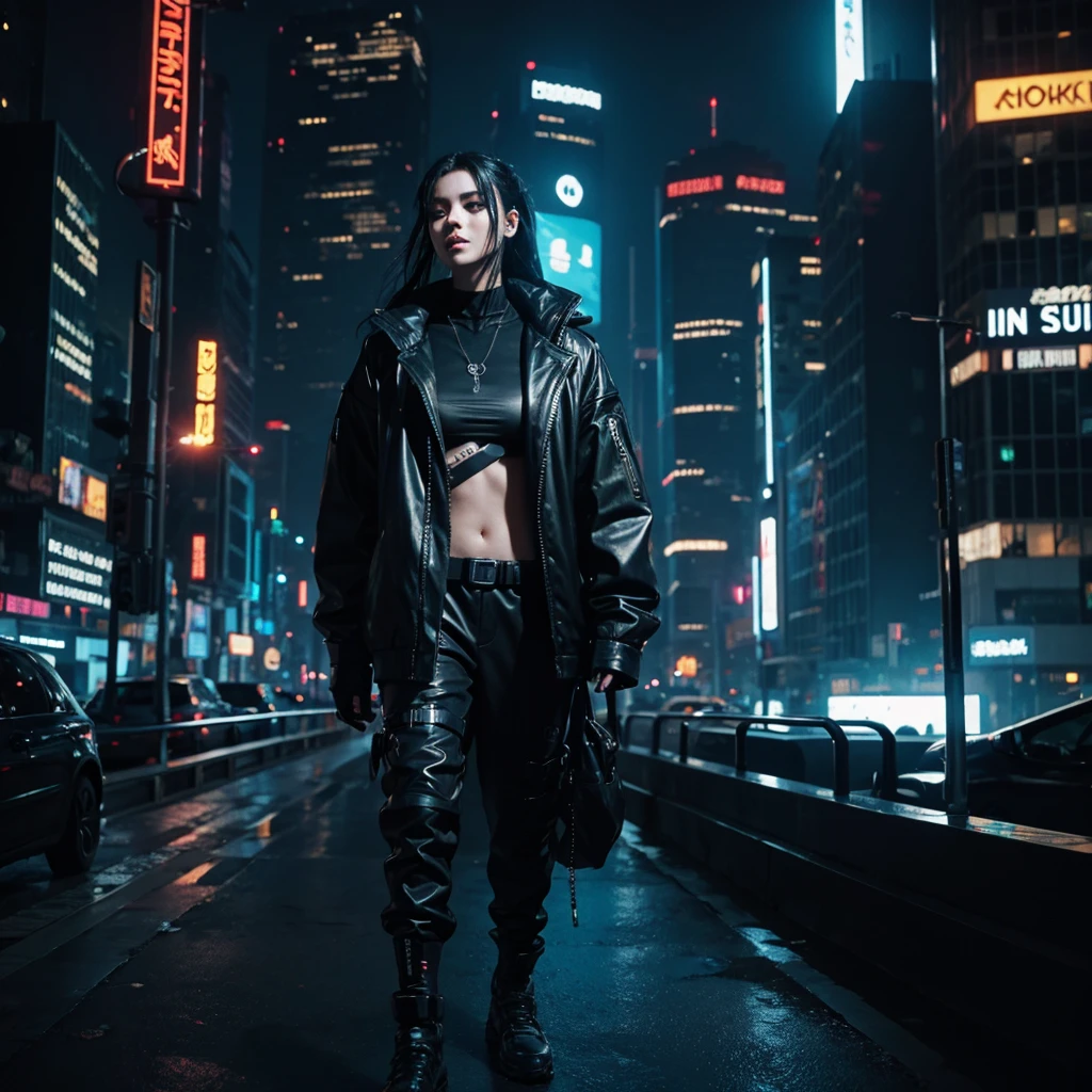 (Best Quality) cyberpunk person in futuristic city with dark color palette