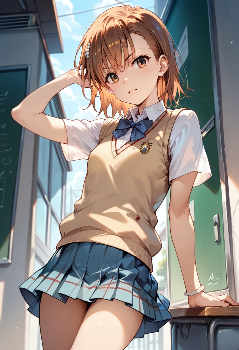 ((masterpiece,High resolution,Highest quality,8k)) (A Certain Scientific Railgun,Misaka Mikoto)(14-year-old female,Brown Hair,Short Hair,Small breasts,Slim figure) (school uniform,Sweater vest,White Shirt,Short sleeve,mini skirt)