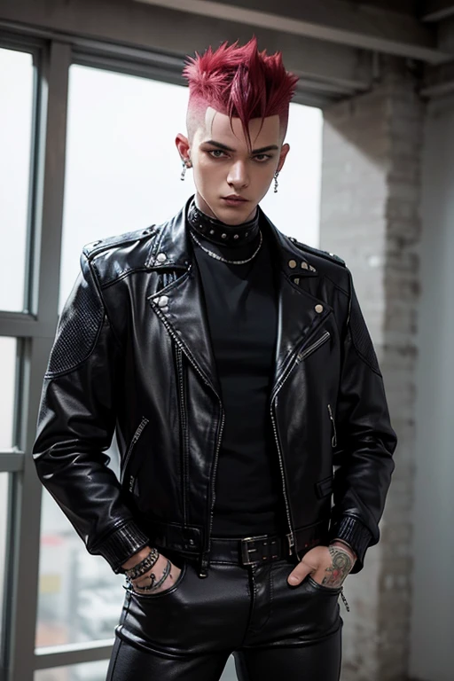 An image of a punk with a mohawk, dressed in a leather jacket with studs, in a futuristic style. The punk is wearing classic punk tight pants in red plaid.