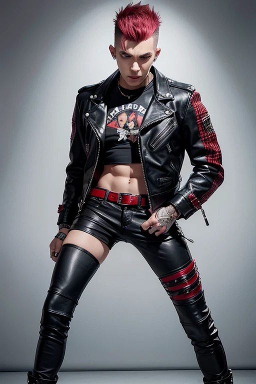 An image of a punk with a mohawk, dressed in a leather jacket with studs, in a futuristic style. The punk is wearing classic punk tight pants in red plaid.