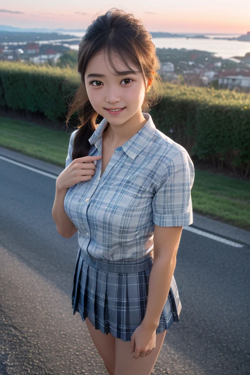(masterpiece:1.3, Highest quality, Ultra-high resolution, Very detailed), (Realistic:1.1, photoRealistic:1.4), Beautiful illustrations, Perfect lighting, colorful, Written boundary depth,
Beautiful detailsまでこだわった髪, Beautifully detailed face, Beautiful details, Beautiful clavicle, Beautiful body, Beautiful breasts, Beautiful thighs, Beautiful feet, Beautiful fingers,
View your viewers, 1 girl, Japanese, high school girl, Perfect Face, (Perfect Anatomy, Anatomically correct), Cute and symmetrical face, , Sunburn, Glowing Skin,
(Mid-length hair:1.5, Twin tails:1.2, blonde), Asymmetrical bangs, blue eyes, Long eyelashes, (Mid-chest), thin,
((Collared short-sleeved shirt, Light blue shirt, , Grey plaid pleated skirt, To the Navy)), No pants,
(Beautiful views), evening, (Outdoor, distant cityscape), Are standing, (peace sign), (Cute Smile, blush、Upward glance, Open your mouth), (Perverted old man liberates young girl'Cat:1.3),