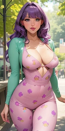 Beautiful medium breasts, 1girl, ((purple hair, wavy hair with bangs)) ((beautiful girl)) light green eyes, has an beautiful sensual body with freckles, with full breasts and thin waist, HIP HOP Beautiful and cute Floral print jumpsuit, short jumpsuit, fabric delicate, has a bold appearance. young, quality, realistic, best quality, cute expression, pink lipstick lips, Cute smile, leaning, In the park walking, beautiful trees