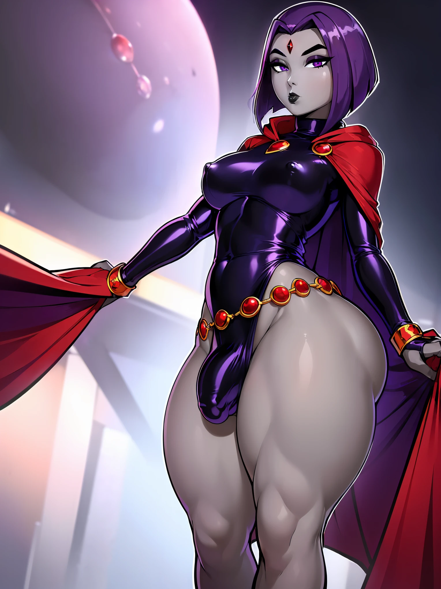 (solo:1.1),(masterpiece), (best quality:1.3), ultra detailed, intricate, professional art, digital art, absurdres, shadraven, (Full body view:1.1), 1girl, solo, (grey skin:1.4), dark purple hair, bob hair, dark purple eyes, hips wider than shoulders, pear shaped body, jewellery, detailed thighs, (thick thighs:1.3), red jewel in forehead, jewels, (long sleeved turtleneck leotard:1.4), (Red jewel Belt), (red jewel brooch), cuffs, (small breasts), nipple bulge, (shadraven long dark purple cloak), (Shadraven broach:1.2), Shadraven jewel belt, Shadraven wearing a long sleeved leotard, long legs, (very long crotch bulge:1.4), large penis, large testicles, side view, looking at viewer, bubble butt , gluteal crease, universal lighting,