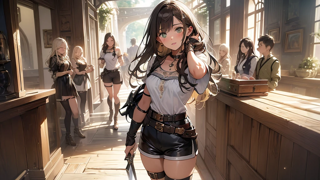(work of art, best qualityer, ultra-detailed, high resolution, 4K), (beautiful detailed eyes), (very highly detailed face), (1ガール), HDR, long hair, shorts marrons medievais, greeneyes, brownhair, Longhaire, a gray stripe on a margin, elf ear, black gloves, Elven Clothing, warrior, magician, jewelry, lips, focus only, glaze, realisitic. Uma bela garota elfa de 18 anos com long hair e castanhos, greeneyes brilhantes e orelhas pontudas. She wears a white short-sleeved blouse and simple brown leather armor., with minimalist details. Your brown shorts are made from a light and resistant fabric, two-way shorts with buckle, ideal for adventures. She wears brown leather boots, that rise to just below the knees, decorated with crossed straps and a discreet metallic buckle. holding a short sword by the hilt in his hand, attack pose, rapid movement.