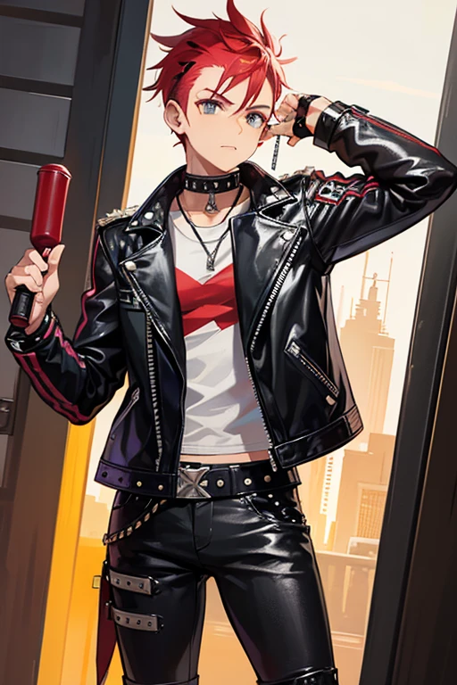 An image of a punk with a mohawk, dressed in a leather jacket with studs, in a futuristic style. The punk is wearing classic punk tight pants in red plaid.