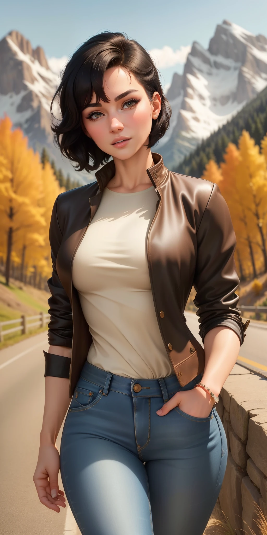 best quality, ultra-detailed, photorealistic: 1.39) masterpiece, best quality, Beautiful trees, rocky mountain, flowers, short black hair, seductive expression, stylish hairstyle, on the road, rural town, adventurer clothes, long-sleeved blouse, jacket, handsome man, authoritative pose, ((elegant masculine man)), jeans