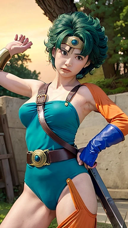 (((SFW、sound、Highest quality、Top notch work、Normal body、、Detailed face、Ultra-precision、Normal hand、のrefer、5refer、Highest)))、beautiful girl、Green Hair、yamato nadeshiko、Small breasts、Shortcuts、Blue leotard、Muscular、Black paleo skirt、Red Cape、Circlet、Bastard sword、sword of the sky、Dragon Quest、Female Heroes、 Fight、Fight準備完了、Sweep with a sword、((Perfectly executed:Put your whole body in the angle of view,Standing posture,Draw the details well、There is no anatomical problem))、forest