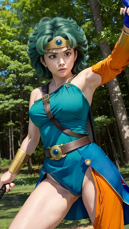(((SFW、sound、Highest quality、Top notch work、Normal body、、Detailed face、Ultra-precision、Normal hand、のrefer、5refer、Highest)))、beautiful girl、Green Hair、yamato nadeshiko、Small breasts、Shortcuts、Blue leotard、Muscular、Black paleo skirt、Red Cape、Circlet、Bastard sword、sword of the sky、Dragon Quest、Female Heroes、 Fight、Fight準備完了、Sweep with a sword、((Perfectly executed:Put your whole body in the angle of view,Standing posture,Draw the details well、There is no anatomical problem))、forest