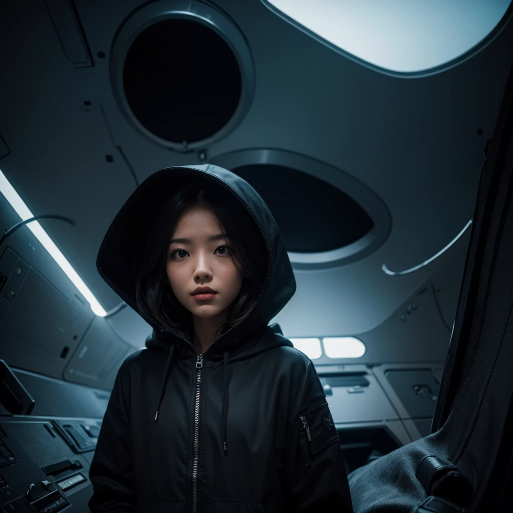 (Best Quality) Hooded person witnessed the landing of an alien ship with a dark color palette
