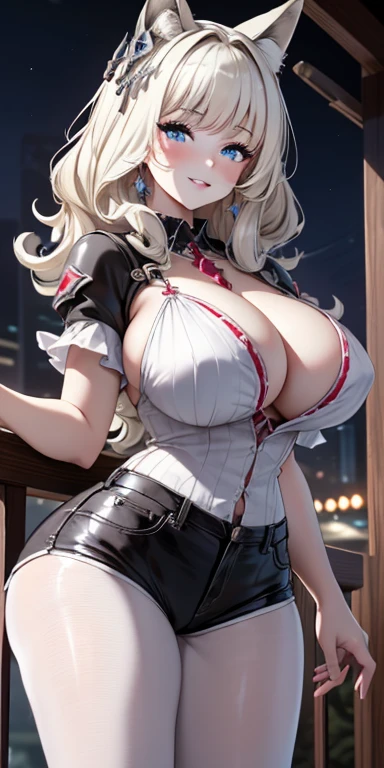 beautiful, breathtaking mature fox-woman, large, sagging breasts, light black hair with white streaks, earrings, (short shorts, superiority, naughty, thick thighs, with a sexy neckline: 1.1), (micro shorts: 1.1), ((masterpiece, best quality; 1.3)), ultra detailed, 8k unity wallpapers, CG, ray tracing, illustration, colorful, cinematic shadow, extremely detailed and beautiful background, vhd, VRay Shading, RT)), (slutty face: 1.2), mischievous smile, (large saggy breasts), wide hips, big ass, flirting with the viewer, facing the viewer, facial blush, standing in front, cute sexy pose, cowboy shot, on home porch, night, bright, bright light, ultra detailed, scenic, atmospheric, bimbo, big lips, detailed face and eyes, tilt headshot, intimacy, medium shot, thigh height, from below, gyaru, hair clip, ((wearring white sheer pantyhose))