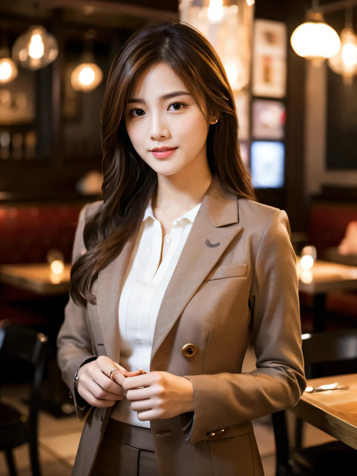 Masterpiece, highest quality, Realistic, Very detailed, Finer details, High resolution, 8k wallpaper, One beautiful woman, Wear casual business attire, In a great restaurant, At night, Light brown messy hair, Perfect dynamic composition, Beautiful and beautiful eyes, Random body orientation,