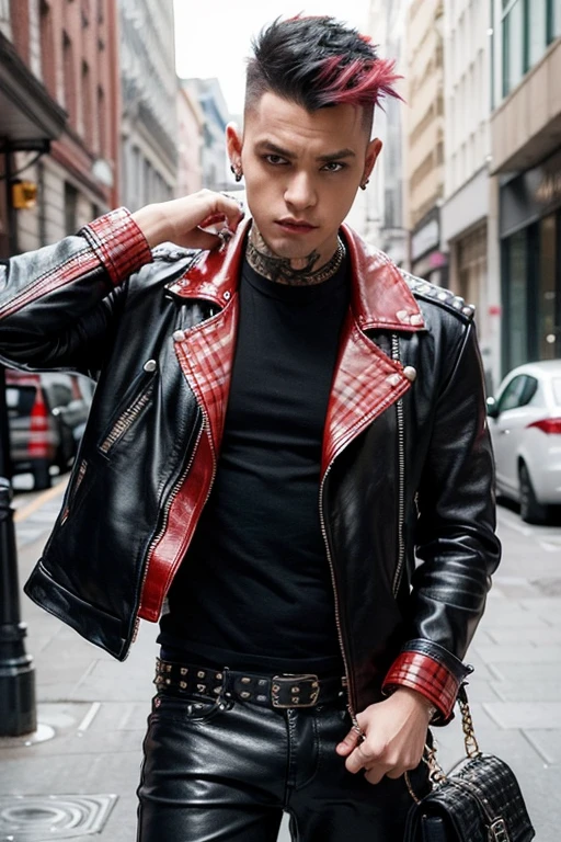An image of a man punk with a mohawk, dressed in a leather jacket with studs. The punk is wearing classic punk tight pants in red plaid.