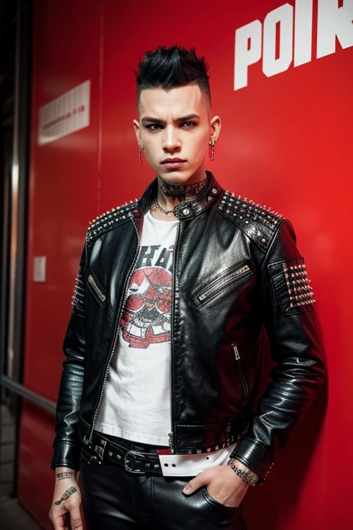 An image of a punk with a mohawk, dressed in a leather jacket with studs, in a futuristic style. The punk is wearing classic punk tight pants in red plaid.