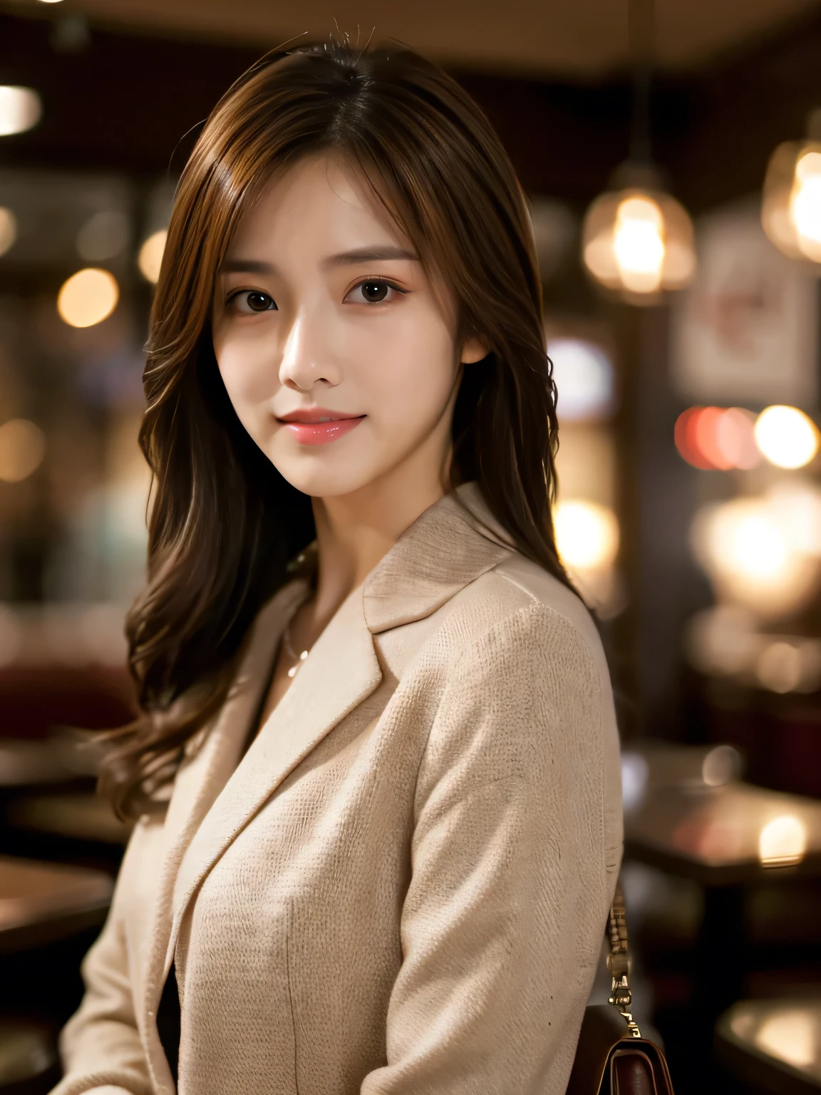 Masterpiece, highest quality, Realistic, Very detailed, Finer details, High resolution, 8k wallpaper, One beautiful woman, Wear casual business attire, In a great restaurant, At night, Light brown messy hair, Perfect dynamic composition, Beautiful and beautiful eyes, Random body orientation,