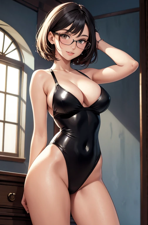 masterpiece, best quality, best lighting, shadows, portrait, perfect anatomy, bitchy, 1 girl, adult anime girl, 21 years old, 1 girl, (Slim body:1.2), (Huge breasts:1.1), Black hair, Short hair, Black eyes, Competitive swimsuit, Red-rimmed glasses, Angle from below, embarrassed, seductive eyes, blushing, flirty, pretty smile, huge ass, breast, thighs, seductive, spicy, hot, flirty, nsfw,