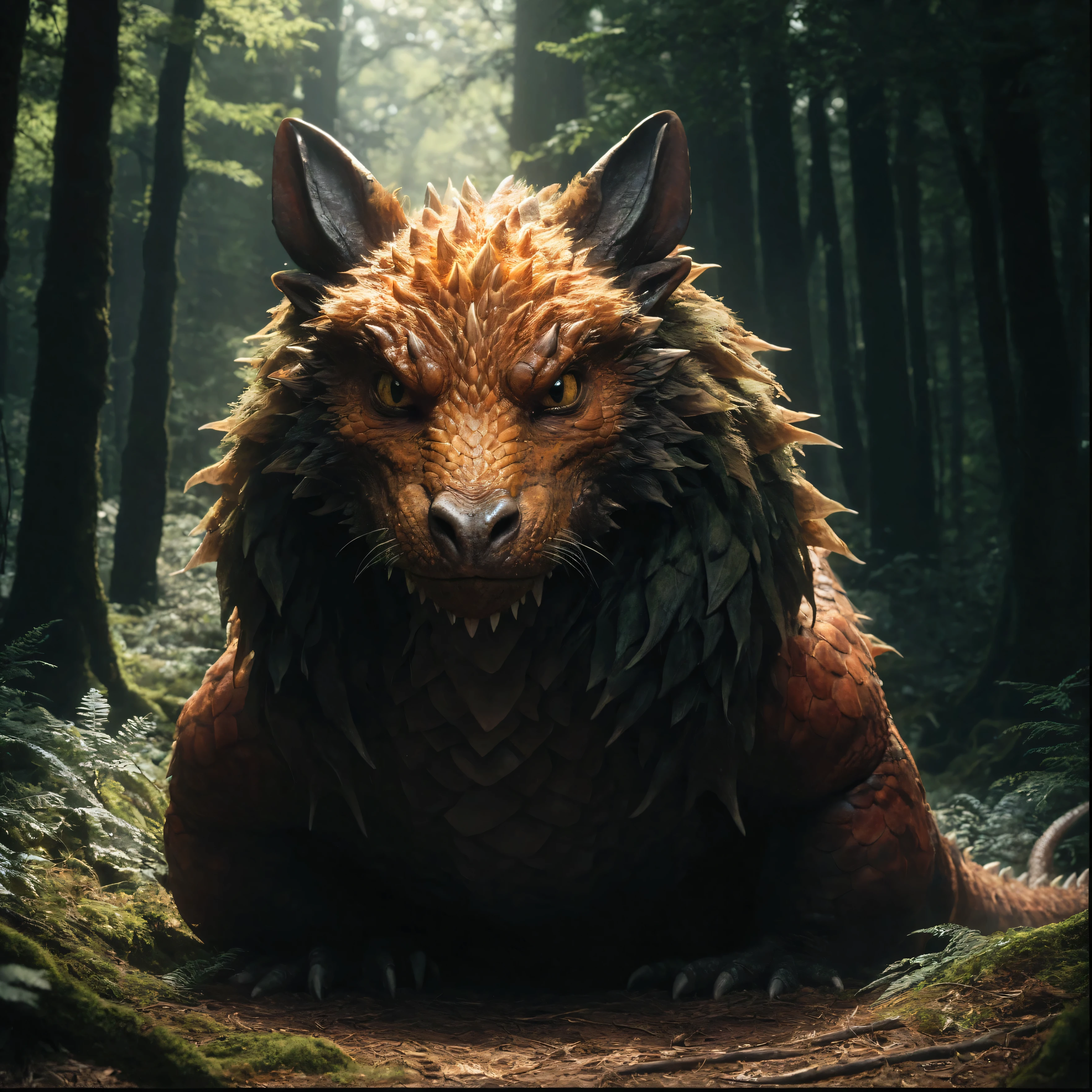 There is a dragon that is lying in the forest, Portrait of Forest Gog, Lt. Adam Marczyński, dramatic and detailed cinematic fur, portrait of a dragon, digital art animal photo, Wojtek FUS, hyper realistic fur, by Marten Post, Lt. Tadeusz Pruszkówski, fierce expression 4k, portrait dragon feet,