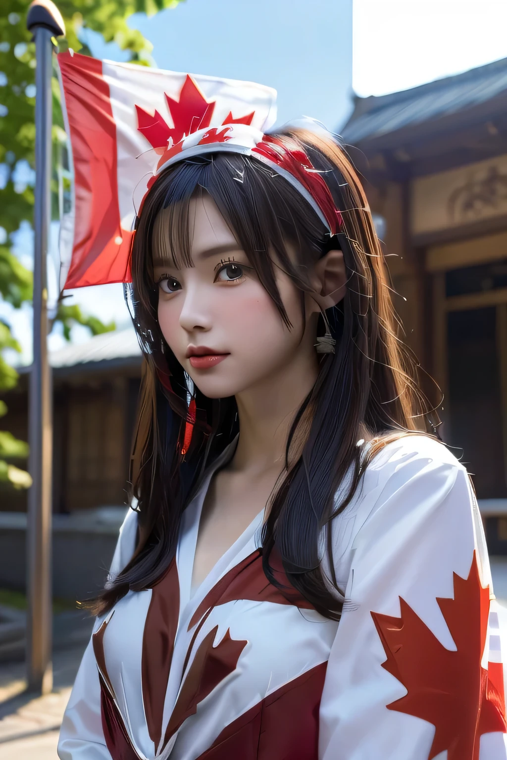 (((Canadian flag themed costume:1.3))),(((Women in men's clothing:1.3))),(Maple Leaf Flag),(masterpiece,Highest quality,Ultra-high resolution output images,Write Boundary Depth,Intricate details,Add depth to your subject with contrast between light and shadow,Anatomically correct facial structure),(Picture Mode Ultra HD,)
