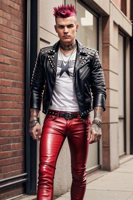 An image of a man punk with a mohawk, dressed in a leather jacket with studs. The punk is wearing classic punk tight pants in red plaid.