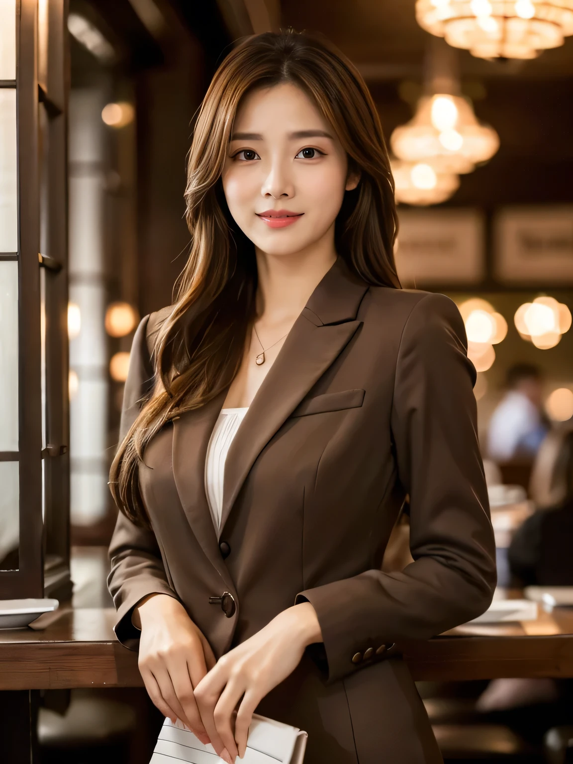 Masterpiece, highest quality, Realistic, Very detailed, Finer details, High resolution, 8k wallpaper, One beautiful woman, Wear casual business attire, In a great restaurant, At night, Light brown messy hair, Perfect dynamic composition, Beautiful and beautiful eyes, (Random body orientation),