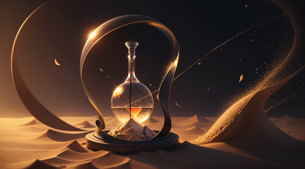 broken hourglass on a black background with sand flying in a spiral
