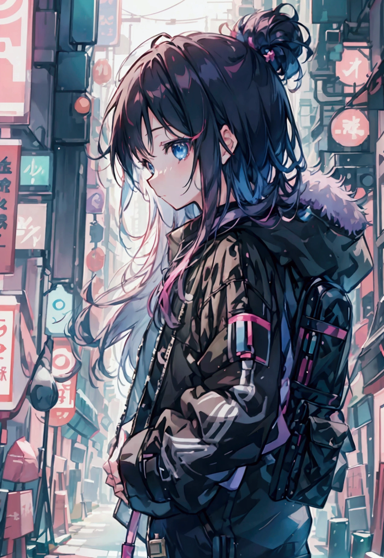 Colorful profile picture of a female character in an anime style. It has distinct characteristics from the anime Oshi no Ko. The scene takes place in a futuristic city with neon lights. The environment is exciting and adventurous. The camera settings are a digital camera with a low ISO setting. The lens is a zoom lens with a medium aperture. The character design is inspired by Japanese illustrator and animator, Akiko Stehrenberger, and photographed by Makoto Shinkai, the director of Your Name