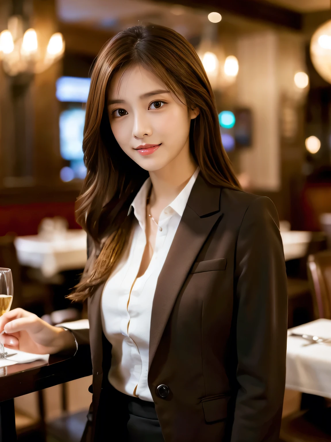Masterpiece, highest quality, Realistic, Very detailed, Finer details, High resolution, 8k wallpaper, One beautiful woman, Wear casual business attire, In a great restaurant, At night, Light brown messy hair, Perfect dynamic composition, Beautiful and beautiful eyes, (Random body orientation),