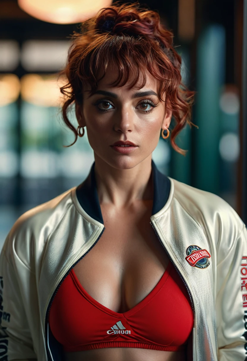 (best qualityer, 4K, high resolution, high resolution face details), illustration, style of Philip Lorca diCorcia, cinematic film still portrait of a 40 year old girl, 1 girl, standing alone, instagram model, athletic figure, very tanned skin, perfect lips, False eyelashes, modest bust size, Face pretty, wearing a sports jacket , wearing leg pants, Red hair, short curly hair, cross bangs, light brown eyes, constricted pupils, hoop earings, cinematic lighting, Canon, Hyper-Realism, ultra HD, texturized skin, best qualityer, detailedeyes, detailed iris, Full-body image