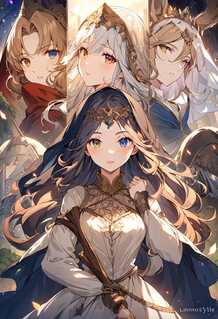 sakimiChanStyle, Urop Style, Portraiture, Detailed painted face, Beautiful woman, Fuller lips, Opaque Veil, Medieval Veil, Head rail, 12th century, Eyes with heterochromia, Rainbow Eyes, Medieval costume, Brot, Lord of the Rings Gown, Near perfect, Beautiful anime style, Character Panorama, Beautiful and detailed face, Shining Shadow, Beautiful gradation, Depth of written boundary, Beautiful graphics, high quality, Attention to detail, High resolution, Luminous Studio Graphics Engine