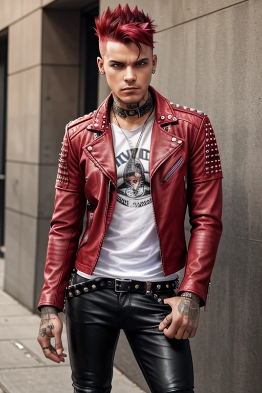 An image of a man punk with a mohawk, dressed in a leather jacket with studs. The punk is wearing classic punk tight pants in red plaid.
