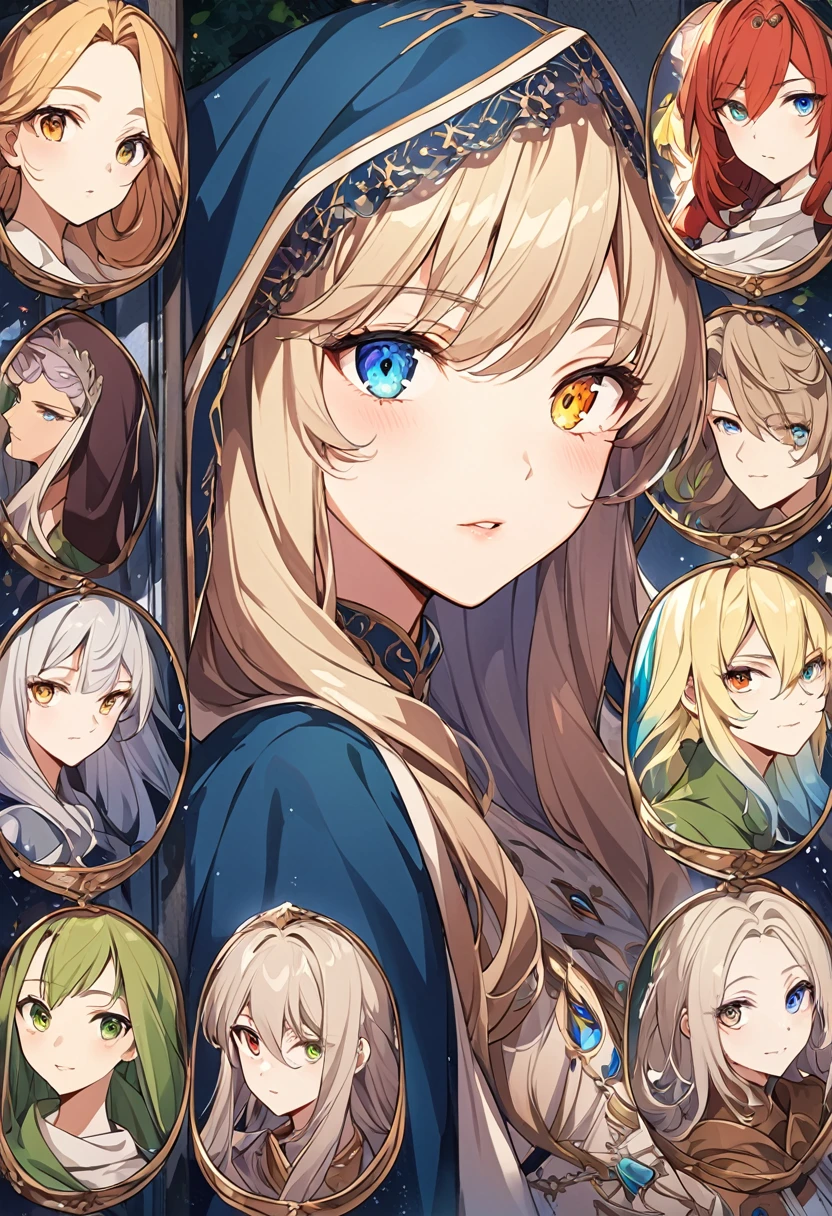 sakimiChanStyle, Urop Style, Portraiture, Detailed painted face, Beautiful woman, Fuller lips, Opaque Veil, Medieval Veil, Head rail, 12th century, Eyes with heterochromia, Rainbow Eyes, Medieval costume, Brot, Lord of the Rings Gown, Near perfect, Beautiful anime style, Character Panorama, Beautiful and detailed face, Shining Shadow, Beautiful gradation, Depth of written boundary, Beautiful graphics, high quality, Attention to detail, High resolution, Luminous Studio Graphics Engine