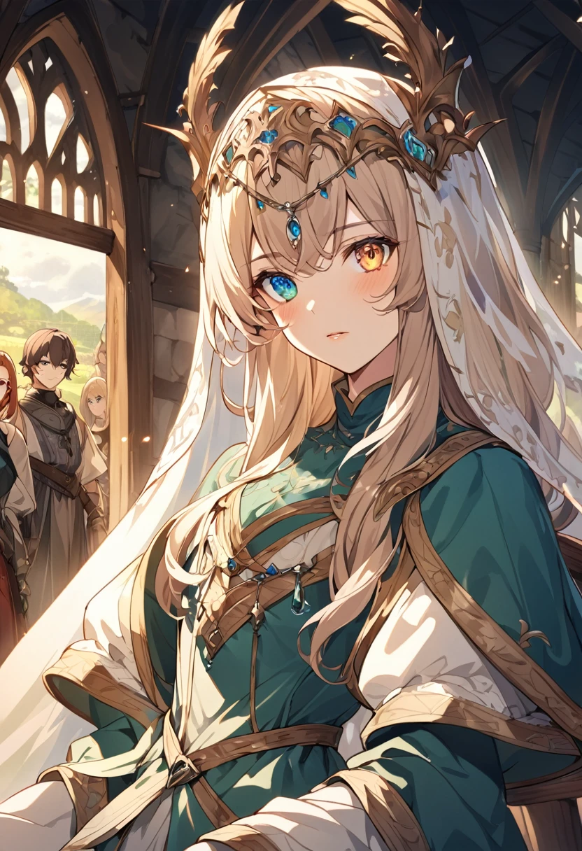 sakimiChanStyle, Urop Style, Portraiture, Detailed painted face, Beautiful woman, Fuller lips, Opaque Veil, Medieval Veil, Head rail, 12th century, Eyes with heterochromia, Rainbow Eyes, Medieval costume, Brot, Lord of the Rings Gown, Near perfect, Beautiful anime style, Character Panorama, Beautiful and detailed face, Shining Shadow, Beautiful gradation, Depth of written boundary, Beautiful graphics, high quality, Attention to detail, High resolution, Luminous Studio Graphics Engine