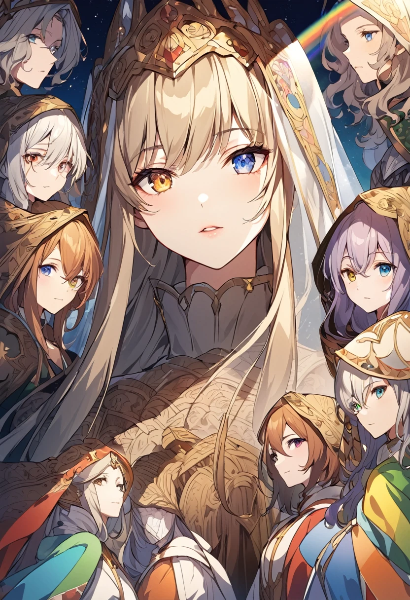 sakimiChanStyle, Urop Style, Portraiture, Detailed painted face, Beautiful woman, Fuller lips, Opaque Veil, Medieval Veil, Head rail, 12th century, Eyes with heterochromia, Rainbow Eyes, Medieval costume, Brot, Lord of the Rings Gown, Near perfect, Beautiful anime style, Character Panorama, Beautiful and detailed face, Shining Shadow, Beautiful gradation, Depth of written boundary, Beautiful graphics, high quality, Attention to detail, High resolution, Luminous Studio Graphics Engine