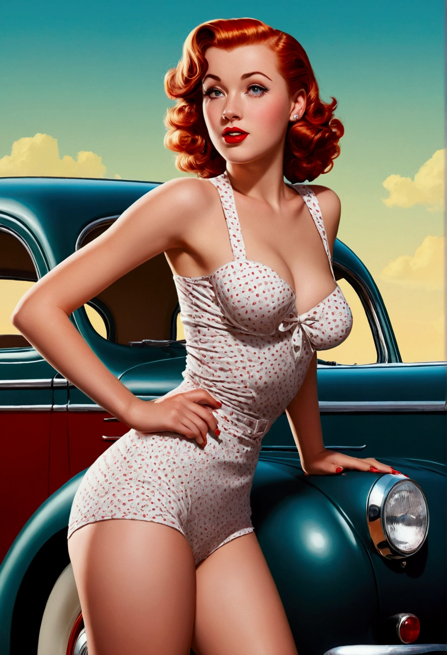 20 years old Girl sitting on fance of the farm, No Bra, No Panties, medium breast, shining skin, dramatic lighting, pin up style, sexy, surprised, , colorful , masterpieces, illustrated, shining skin, detailed face, Medium breast. tight body. red hair, Illustrated BY Zoe Mozert,   pinup art byZoe Mozert,  vintage pin up, illustrated by Zoe Mozert, girl pinup, 1950's pinup girl, pin-up poster girl, pin up girl, pinup, pin - up girl, Detailed face, Detailed Hands, Detailed legs,