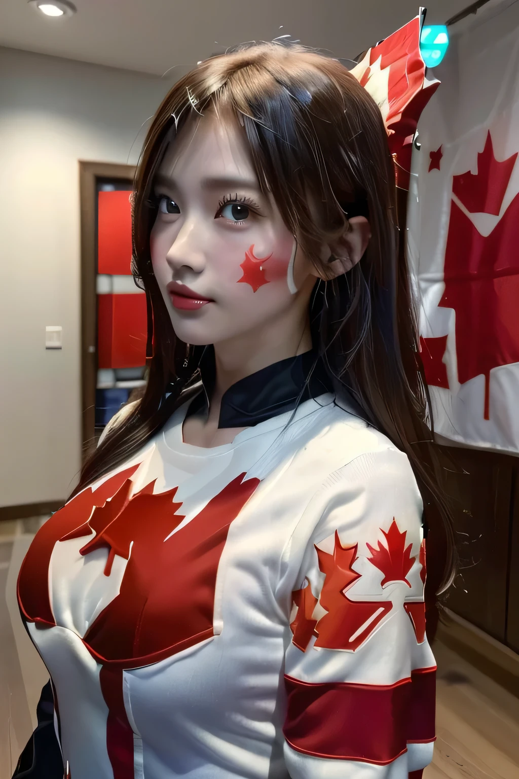 (((Canadian flag themed costume:1.3))),(((Women in men's clothing:1.3))),(Maple Leaf Flag),(masterpiece,Highest quality,Ultra-high resolution output images,Write Boundary Depth,Intricate details,Add depth to your subject with contrast between light and shadow,Anatomically correct facial structure),(Picture Mode Ultra HD,)