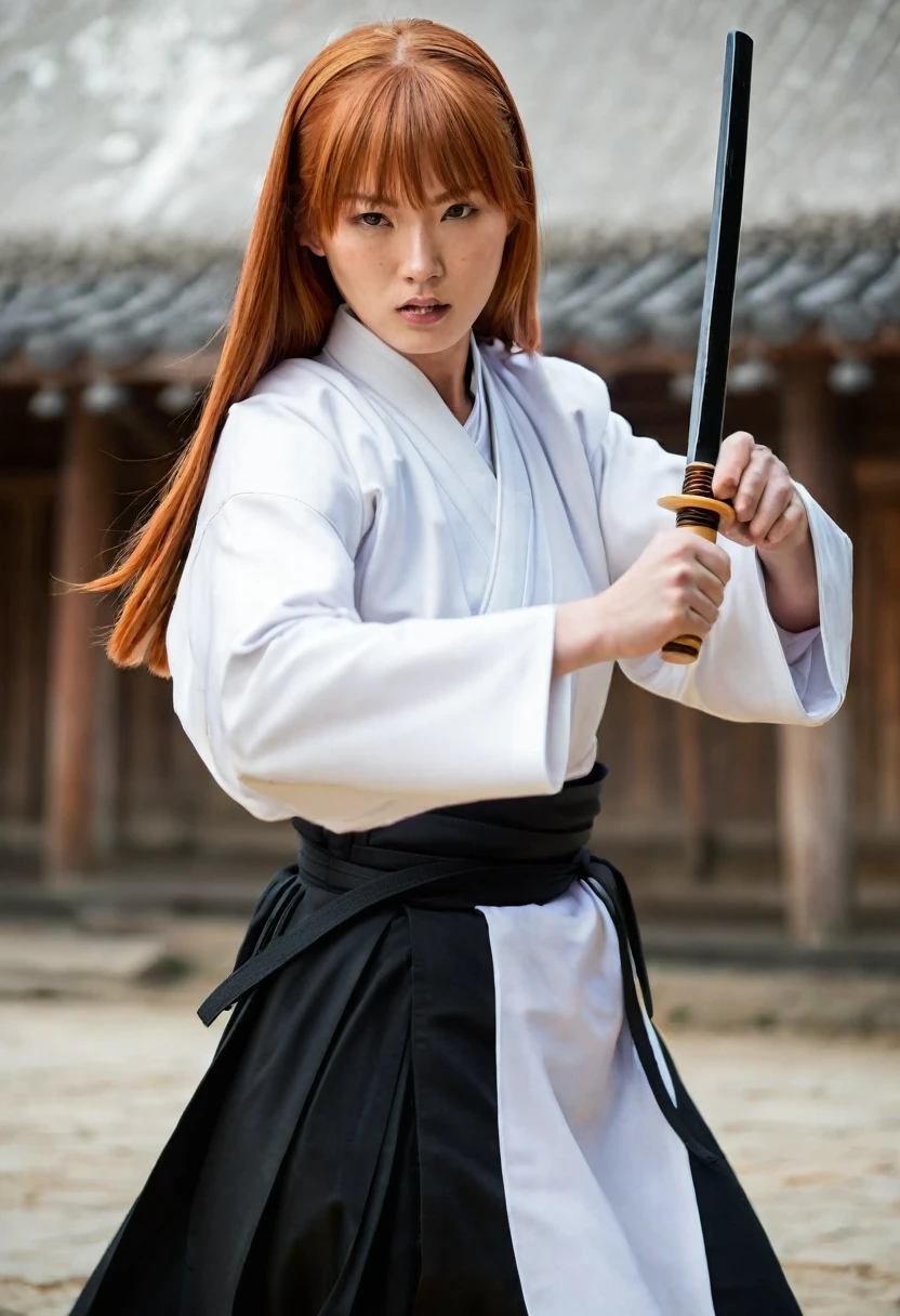 Red headed young nun teach8ng kenjitsu with habit slashed, exposing a breast as she duels. 