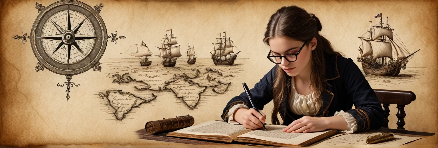 Portrait of a beautiful Victorian girl with glasses at a table, writing text into an ancient manuscript; beautifully detailed, well-proportioned face with realistic, detailed eyes(a concentrated look at the manuscript in front of her, passionate about work), Beautiful hands, beautiful graceful fingers holding a writing pen; drawn on paper,sketch,old parchment,pencil sketch,Stereoscopic light and shadow,against the background of a pirate treasure map, image of a girl to the right of the center of the picture at the edge,
(Detailed map of Treasure Island on ancient parchment, Rose of Wind, compass), documentation,Rich and delicate strokes,