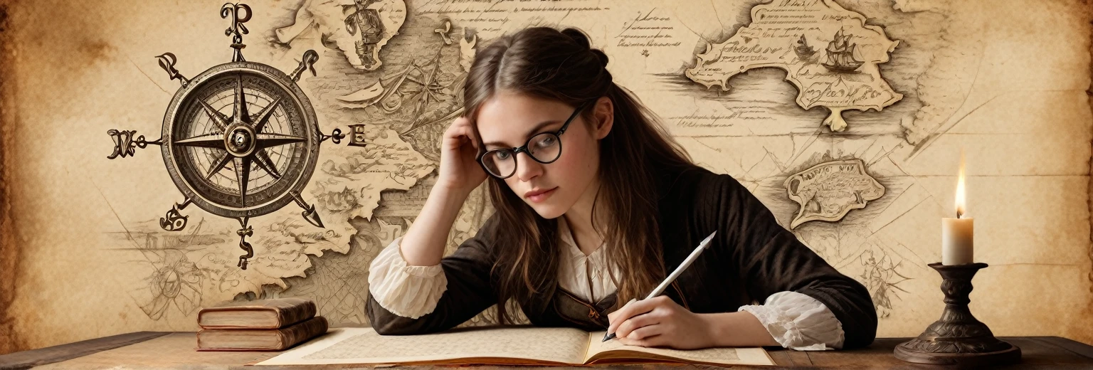 Portrait of a beautiful Victorian girl with glasses at a table, writing text into an ancient manuscript; beautifully detailed, well-proportioned face with realistic, detailed eyes(a concentrated look at the manuscript in front of her, passionate about work), Beautiful hands, beautiful graceful fingers holding a writing pen; drawn on paper,sketch,old parchment,pencil sketch,Stereoscopic light and shadow,against the background of a pirate treasure map, image of a girl to the right of the center of the picture at the edge,
(Detailed map of Treasure Island on ancient parchment, Rose of Wind, compass), documentation,Rich and delicate strokes,