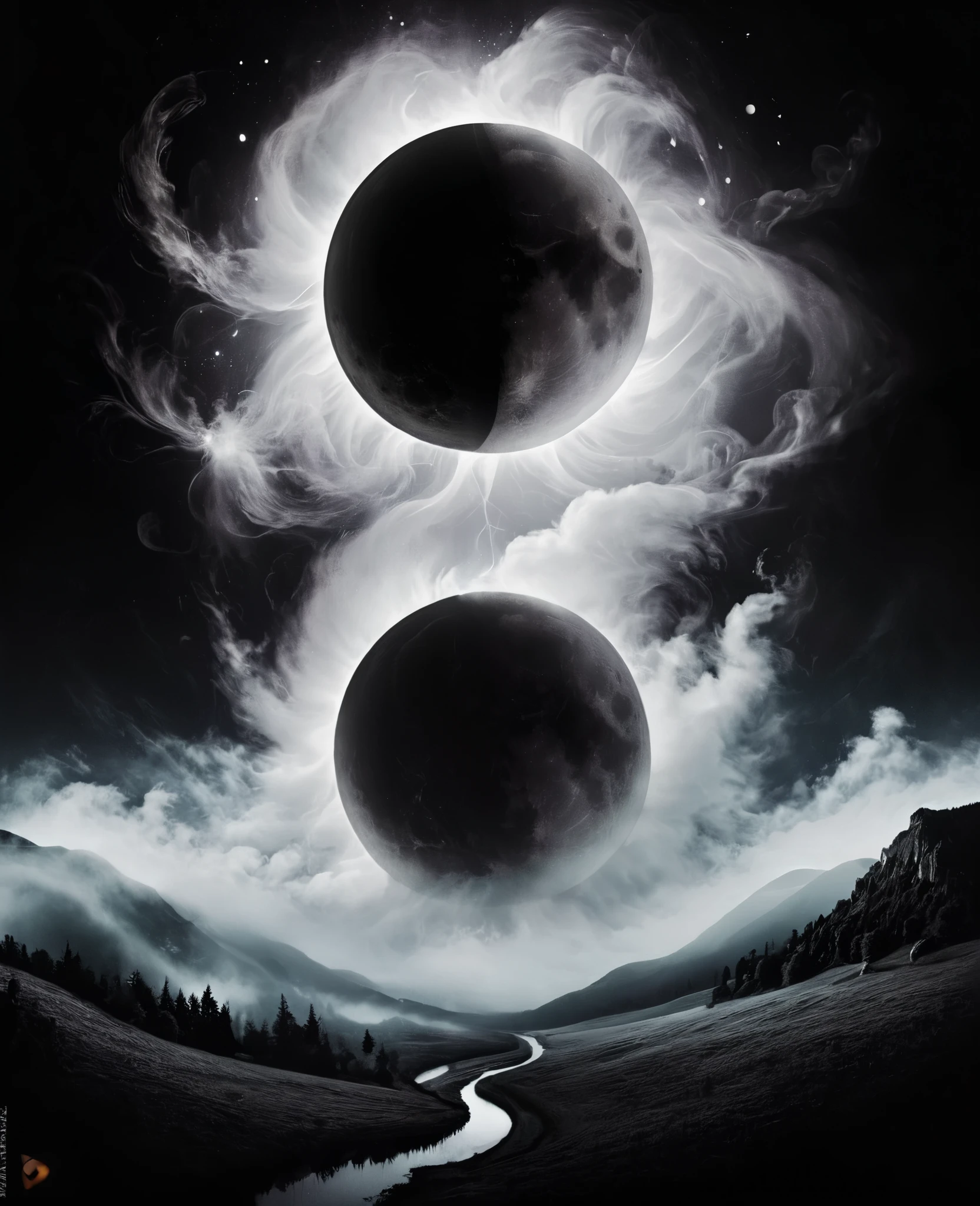 black background ,mist , anguish, valley , eclipse, Spirits, 