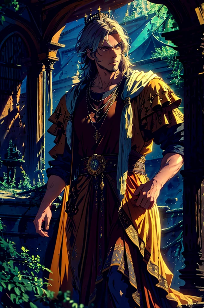 Sil er haired, short hair, prince sits on a majestic throne inside a majestic palace with crown. The environment around him is majestic and next to him stands an ancient looking clock. The throne is ornate, with details in gold and precious stones, and is covered by a silver cloth. The protagonist is wearing royal clothing, with a determined expression on his face, as he stares at the horizon with glowing and piercing golden eyes, masterpiece, best quality, ultra-detailed, illustration, 8k resolution concept art, fantasy art, epic art, concept art wallpaper 4k, deep color, natural lighting. adult, handsome, tall guy, broad shoulders.