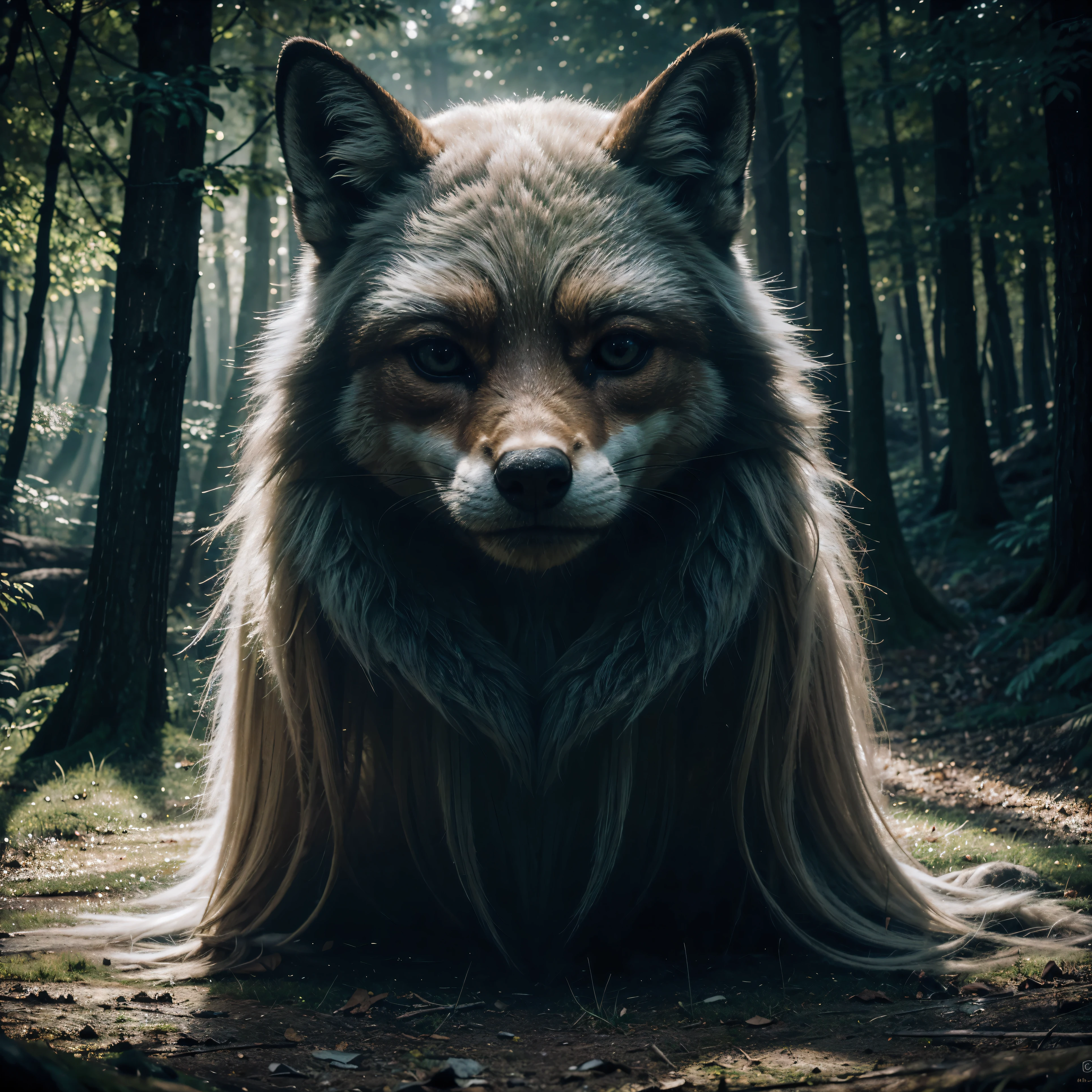 photo of a creature, monster, magical-fantasy-forest, Digital art, most Amazing artwork in the world, ((nonhuman)),volumetric light, soft and balanced colors, Forest landscape, environment, HD, octane 8k rendering, magical, Amazing, ethereal, Intricate, Intricate design, ultra sharp, darkness, colder colors, trend on CGSociety, bright Eyes, ((Best Quality)), ((masterpiece)), (detailed), fox with white fur