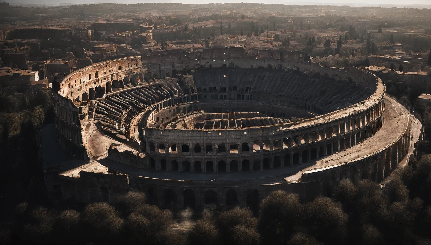 : An aerial view of the majestic Roman Colosseum bathed in sunlight.