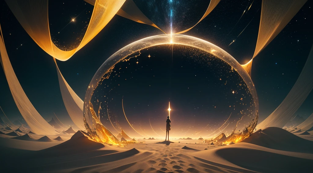 In the absolute void, where the light dare not penetrate, a broken hourglass floats, a relic of a long forgotten time. Against the infinite black background, it stands as the sole source of movement and meaning, a solitary presence in a universe without contours.
The hourglass, with its delicately crafted structure, is cracked, and the golden sand slowly escapes through the fissures. The grains of sand, shining like distant stars, form a graceful spiral as they descend, creating a hypnotic pattern that defies gravity and time. Every grain that falls seems to bring with it an untold story, a sigh of ages past, or maybe a glimpse of what's to come.
The contrast between the luminous sand and the infinite darkness is profound, suggesting a universe in which time is slipping away, fragmenting into irreversible pieces. The silence that permeates the space around is almost tangible, heavy with the promise of lost possibilities and uncertain futures.
The hourglass, despite its fragmented condition, continues to pulse with a mysterious energy, as if in an eternal cycle of destruction and rebirth. It invites those who contemplate it to reflect on the nature of time, the fragility of existence, and the infinite possibilities that lie beyond the veil of reality.