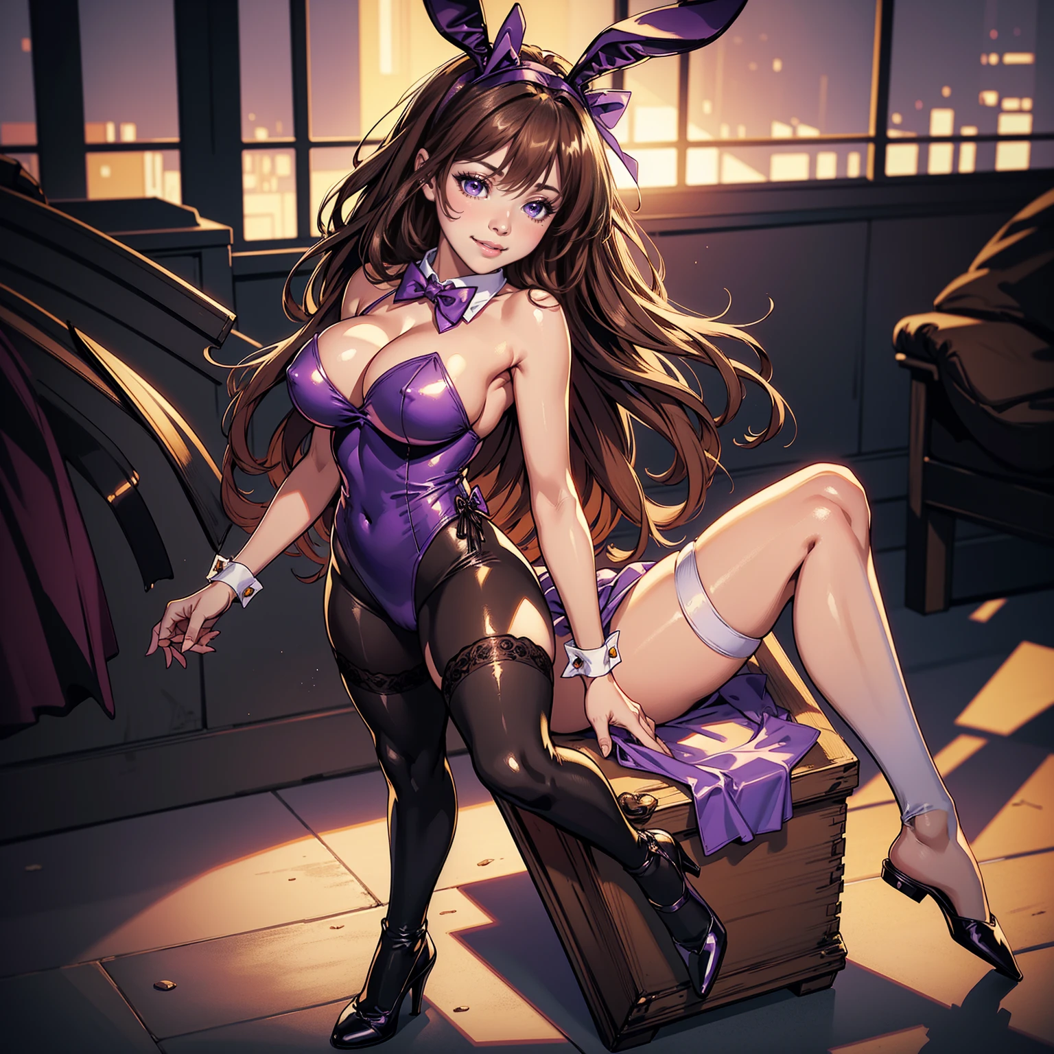 Masterpiece, Professional, High Definition - quality, sharp focus, perfect artwork, Best Illustration, trending on artstation, UHD, 4k, full body, NSFW
Highest quality、((Large Breasts:1.2))、Full body photography、Great light、Beautiful lighting、Natural Lip、Brown Hair、((Large breasts with cleavage visible))、((Sexy black and purple bunny suit))、((Bunny ears headband、A bow tie))、Bunny girl、Gorgeous Accessories、Knee-high socks、Cute Smile、Dark Background
