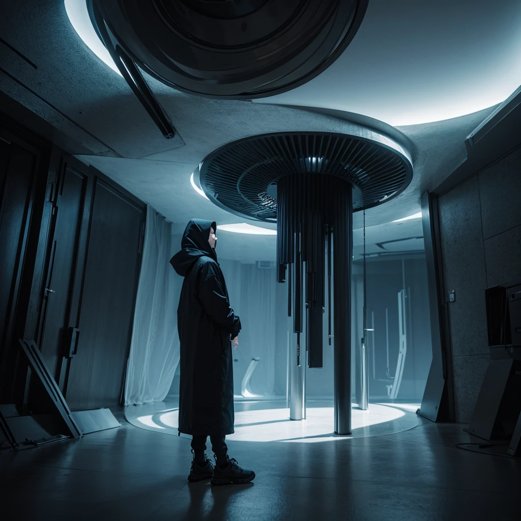 ((Best Quality)) Hooded person looking at futuristic architecture of alien civilization with dark color palette