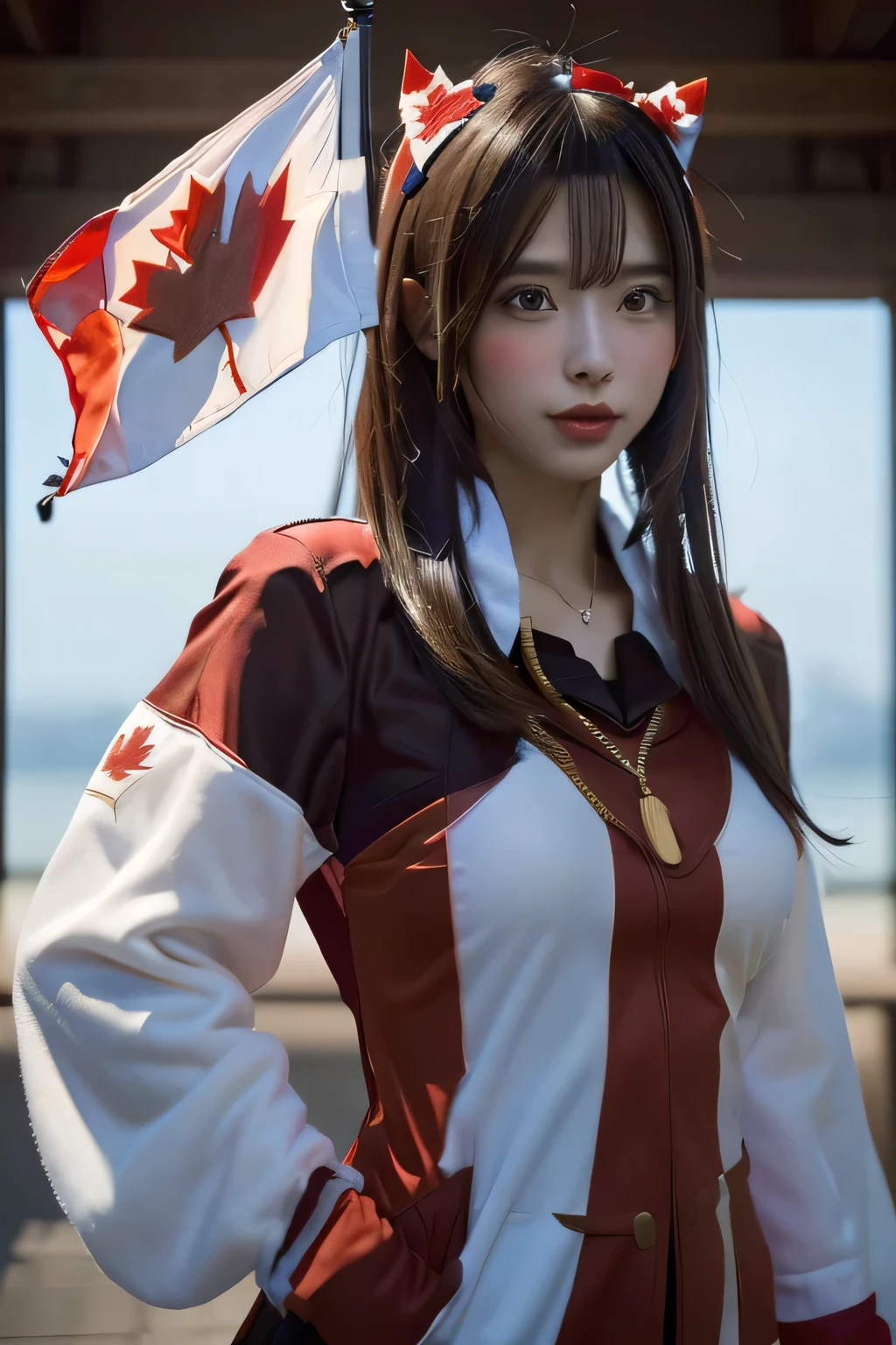 (((Canadian flag themed costume:1.3))),(((Women in men's clothing:1.3))),(Maple Leaf Flag),(masterpiece,Highest quality,Ultra-high resolution output images,Write Boundary Depth,Intricate details,Add depth to your subject with contrast between light and shadow,Anatomically correct facial structure),(Picture Mode Ultra HD,)