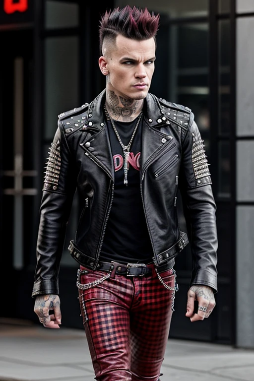 An image of a man punk with a mohawk, dressed in a leather jacket with studs. The punk is wearing classic punk tight pants in red plaid.